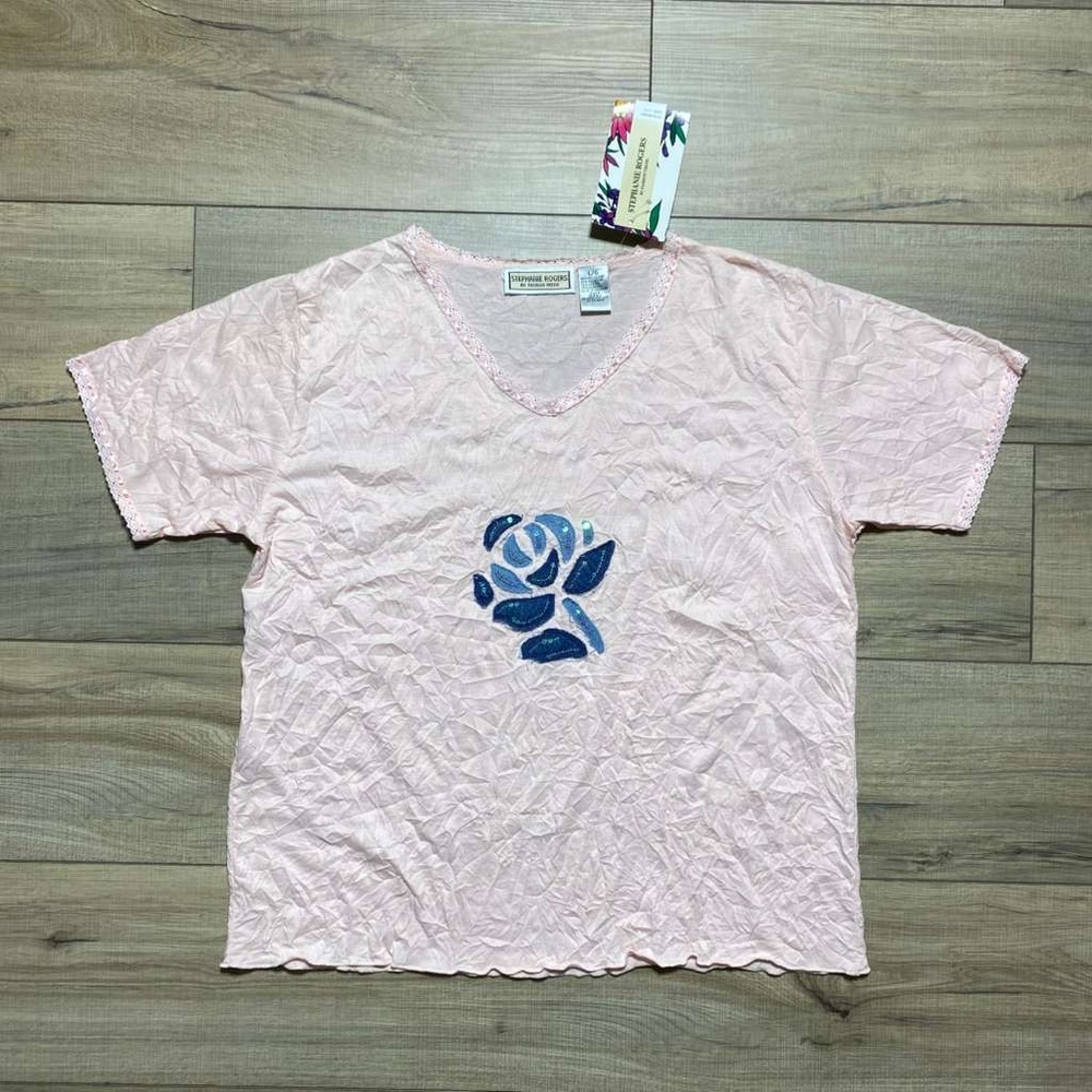Stephanie Rogers Womens Vintage Crinkle‎ Short Sleeve Top Flower Detail L Peach